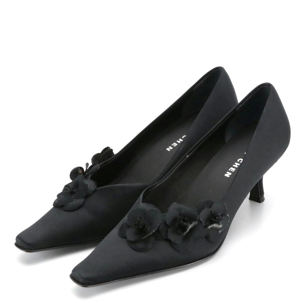 Glory Chen Wm Black Satin Floral Applique Pointed Toe Kitten Heel Pumps 6.5M EUC